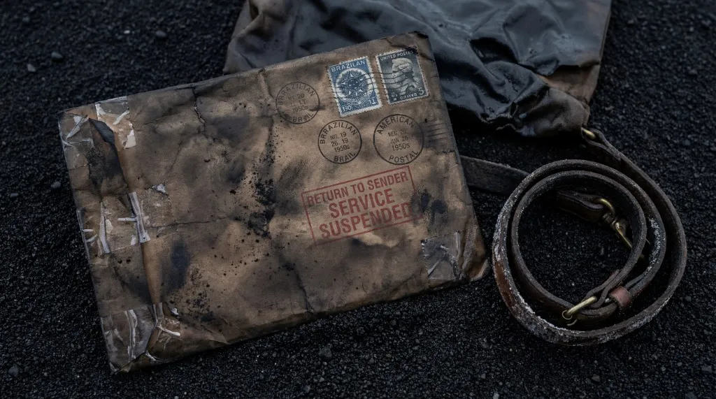 Burnt Return to Sender envelope on black sand