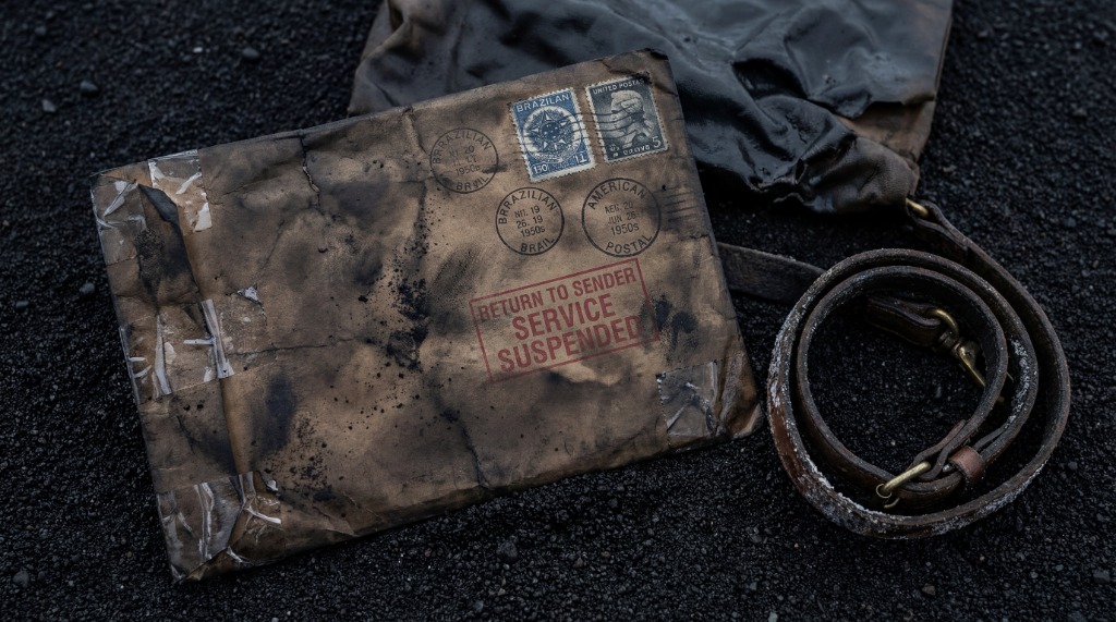 Burnt Return to Sender envelope on black sand