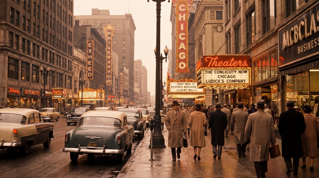 1950s Chicago street bustling with neon signs